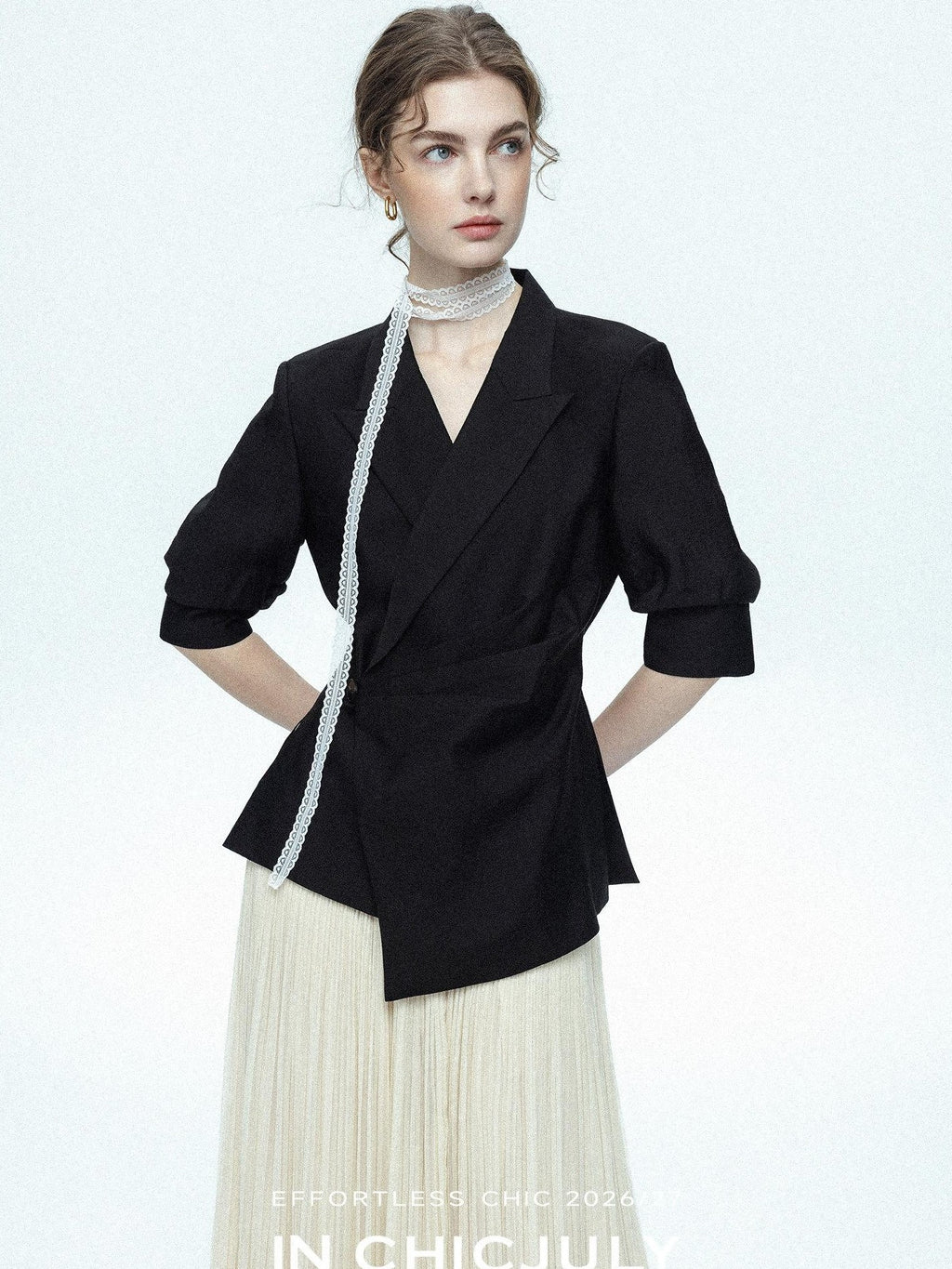 chicjuly Asymmetric Cinched Waist Cropped Women's Blazer Mid Sleeve Black Casual Jackets