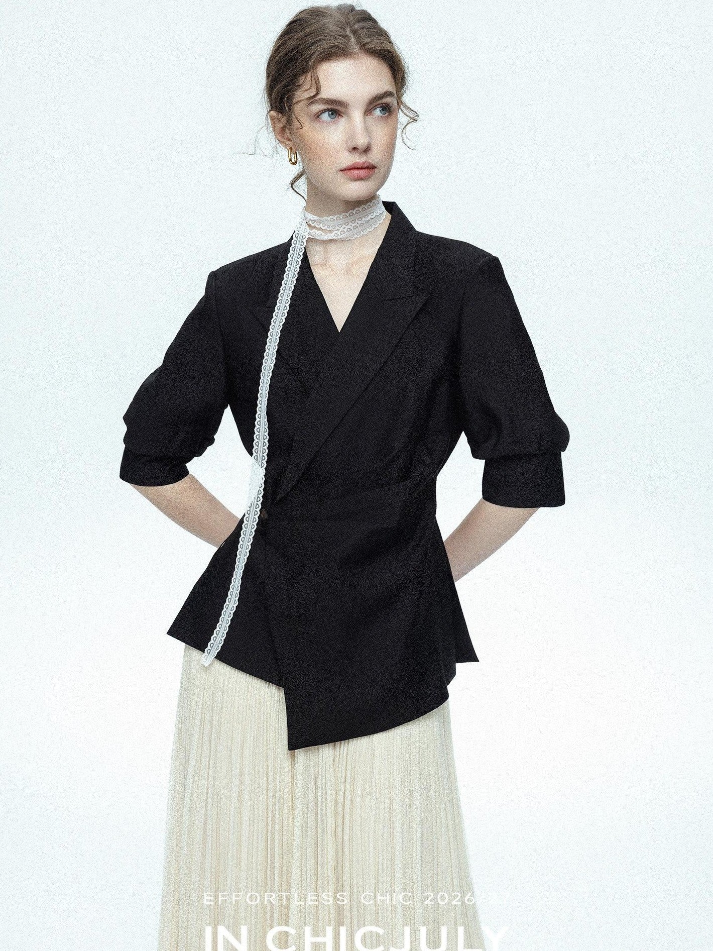 chicjuly Asymmetric Cinched Waist Cropped Women's Blazer Mid Sleeve Black Casual Jackets