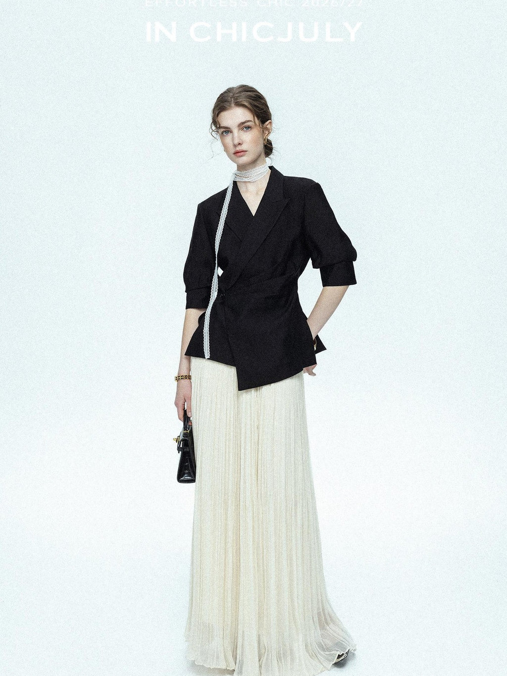 chicjuly Asymmetric Cinched Waist Cropped Women's Blazer Mid Sleeve Black Casual Jackets