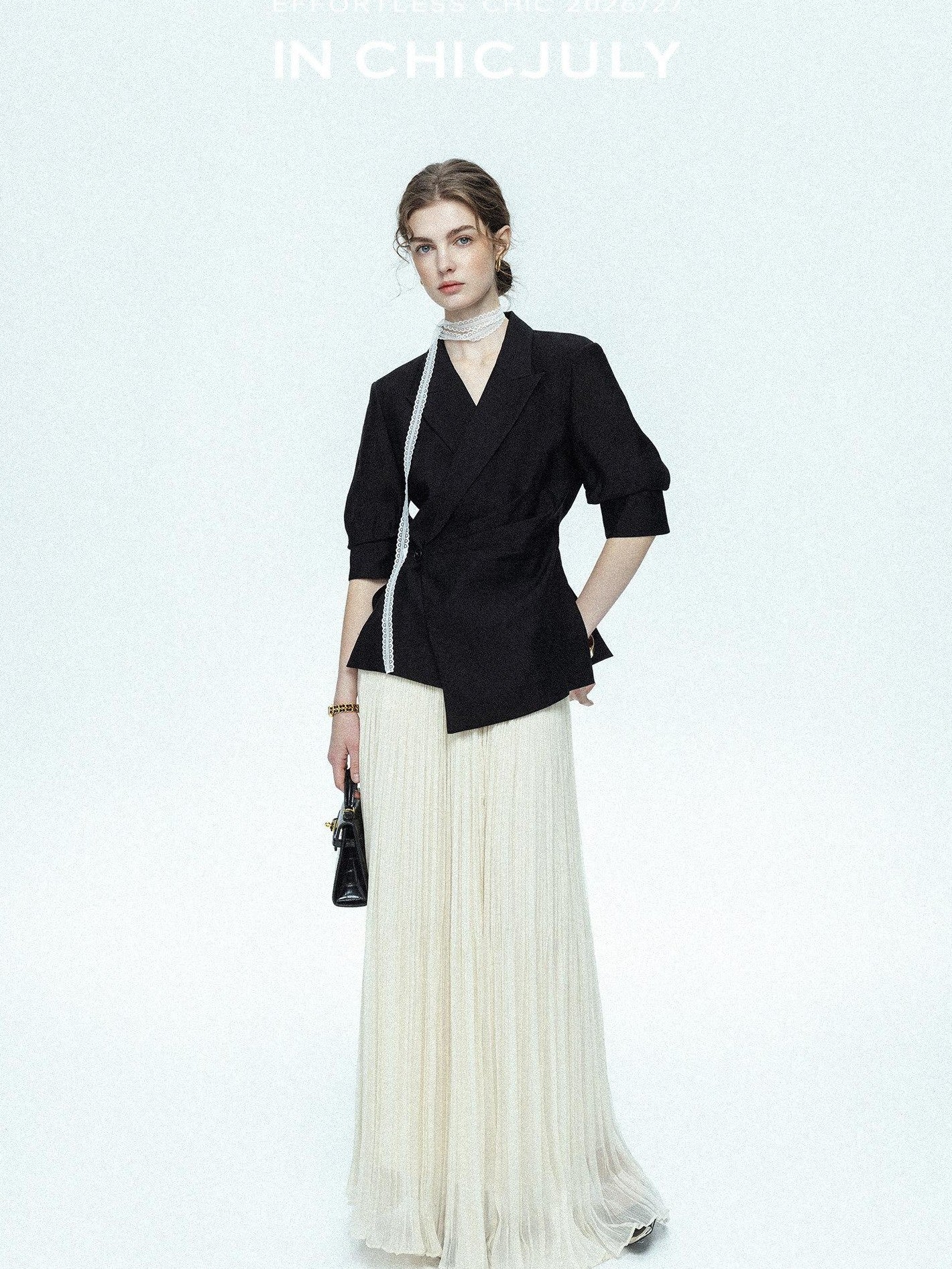 chicjuly Asymmetric Cinched Waist Cropped Women's Blazer Mid Sleeve Black Casual Jackets
