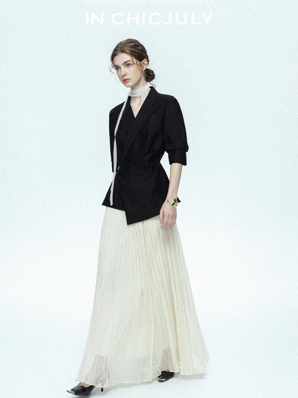 chicjuly Asymmetric Cinched Waist Cropped Women's Blazer Mid Sleeve Black Casual Jackets