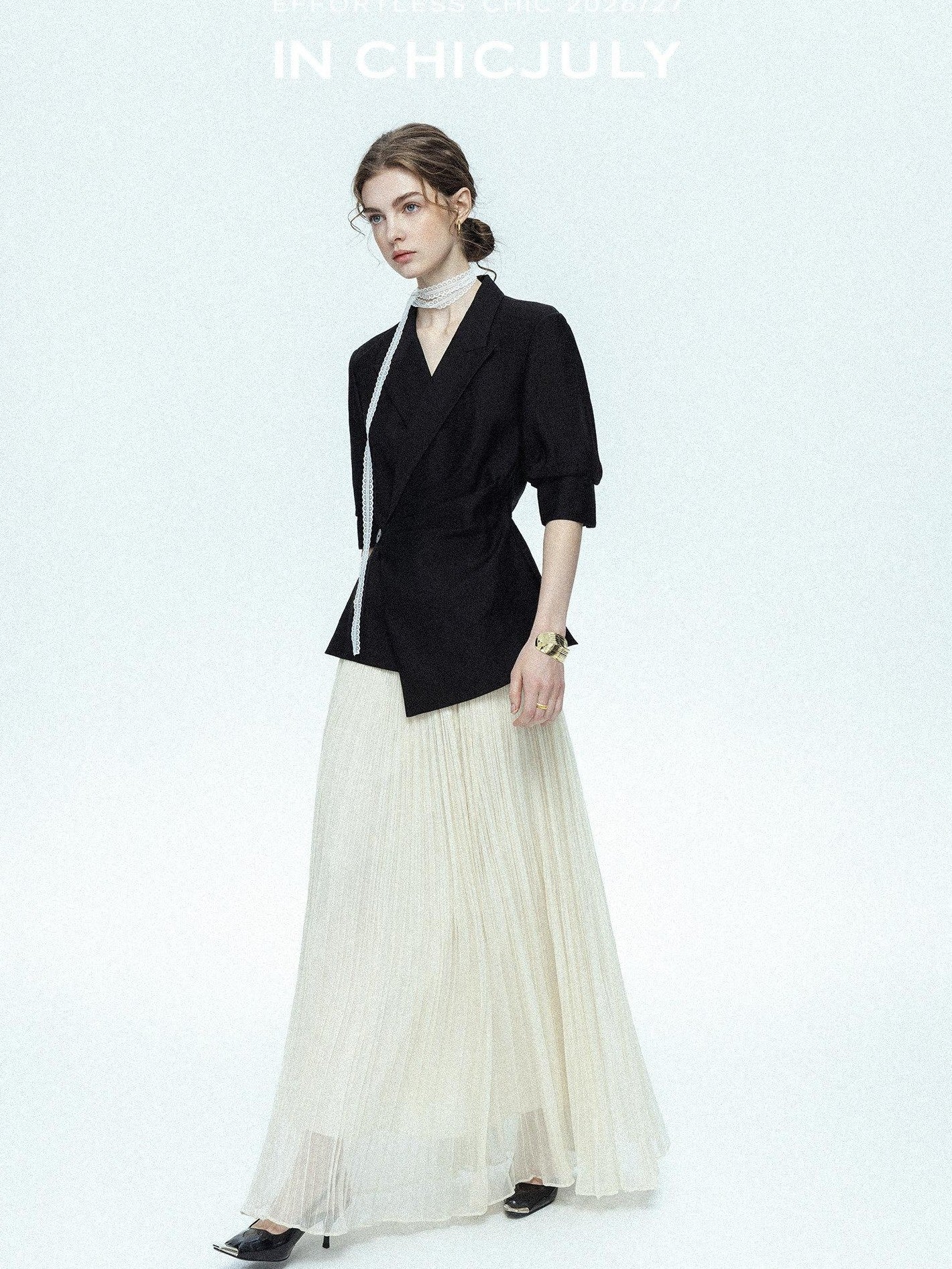 chicjuly Asymmetric Cinched Waist Cropped Women's Blazer Mid Sleeve Black Casual Jackets