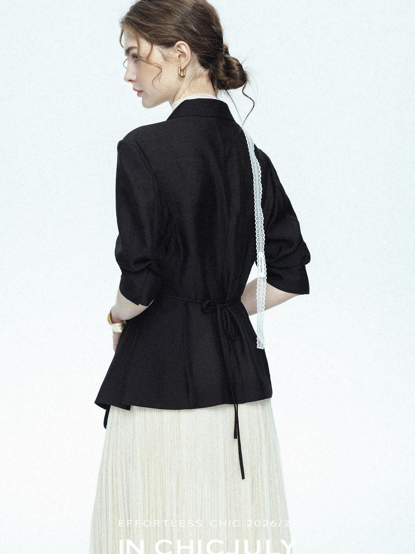 chicjuly Asymmetric Cinched Waist Cropped Women's Blazer Mid Sleeve Black Casual Jackets