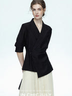chicjuly Asymmetric Cinched Waist Cropped Women's Blazer Mid Sleeve Black Casual Jackets