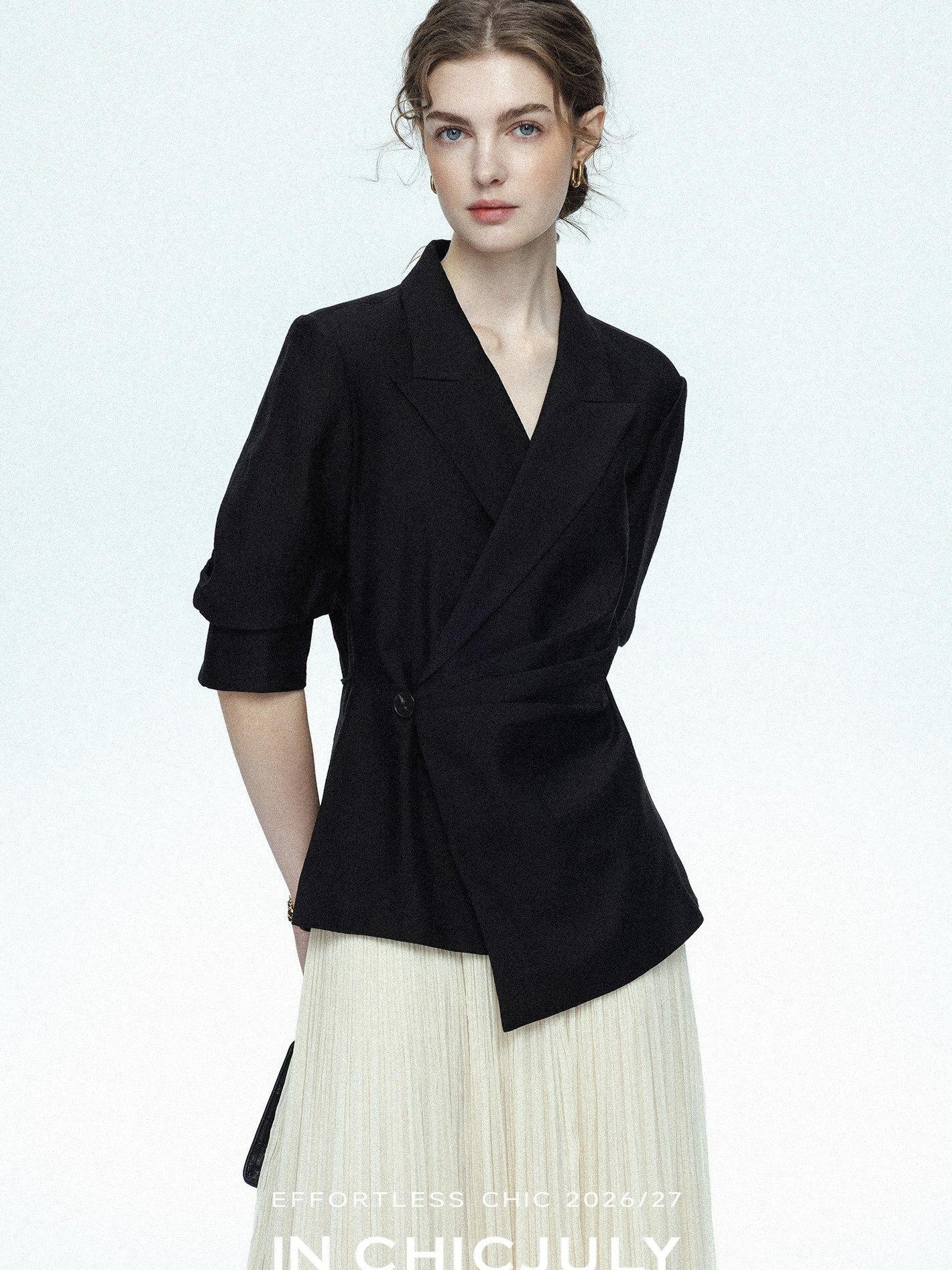 chicjuly Asymmetric Cinched Waist Cropped Women's Blazer Mid Sleeve Black Casual Jackets
