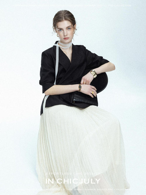 chicjuly Asymmetric Cinched Waist Cropped Women's Blazer Mid Sleeve Black Casual Jackets
