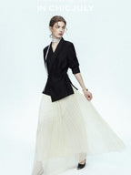 chicjuly Asymmetric Cinched Waist Cropped Women's Blazer Mid Sleeve Black Casual Jackets