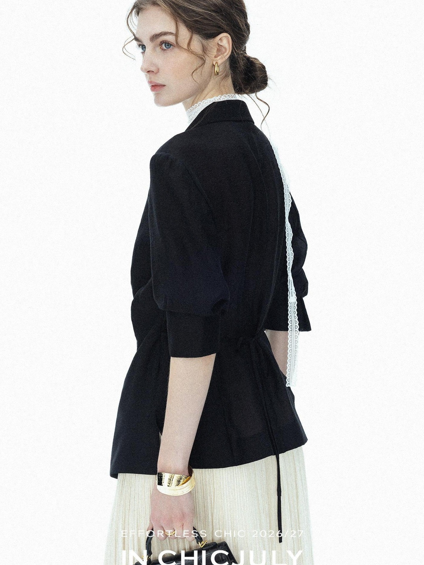 chicjuly Asymmetric Cinched Waist Cropped Women's Blazer Mid Sleeve Black Casual Jackets