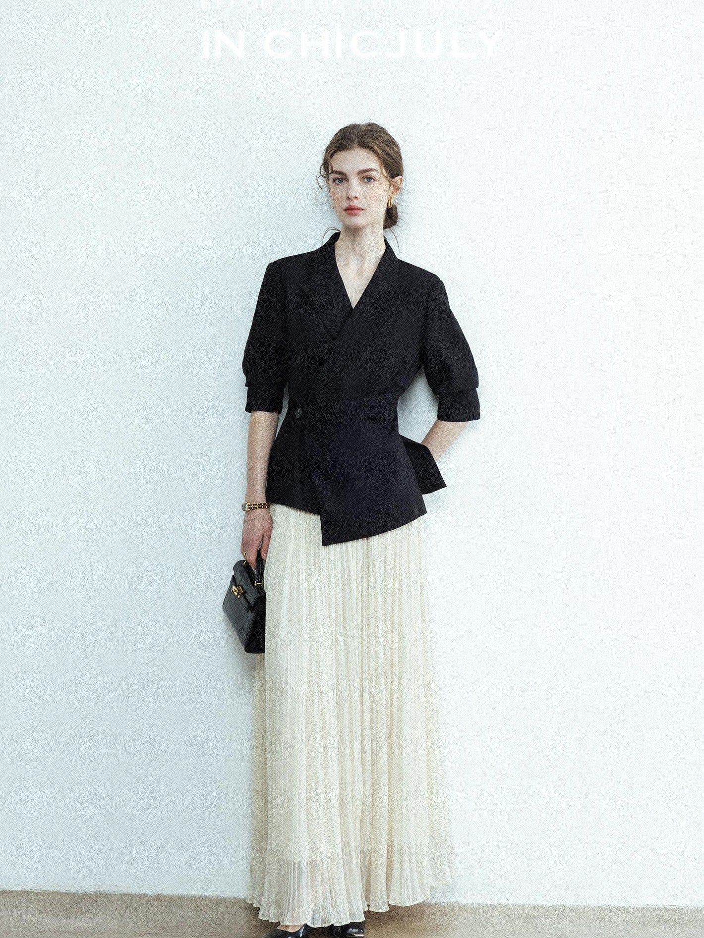 chicjuly Asymmetric Cinched Waist Cropped Women's Blazer Mid Sleeve Black Casual Jackets