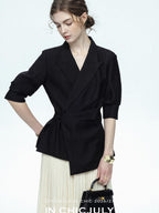 chicjuly Asymmetric Cinched Waist Cropped Women's Blazer Mid Sleeve Black Casual Jackets