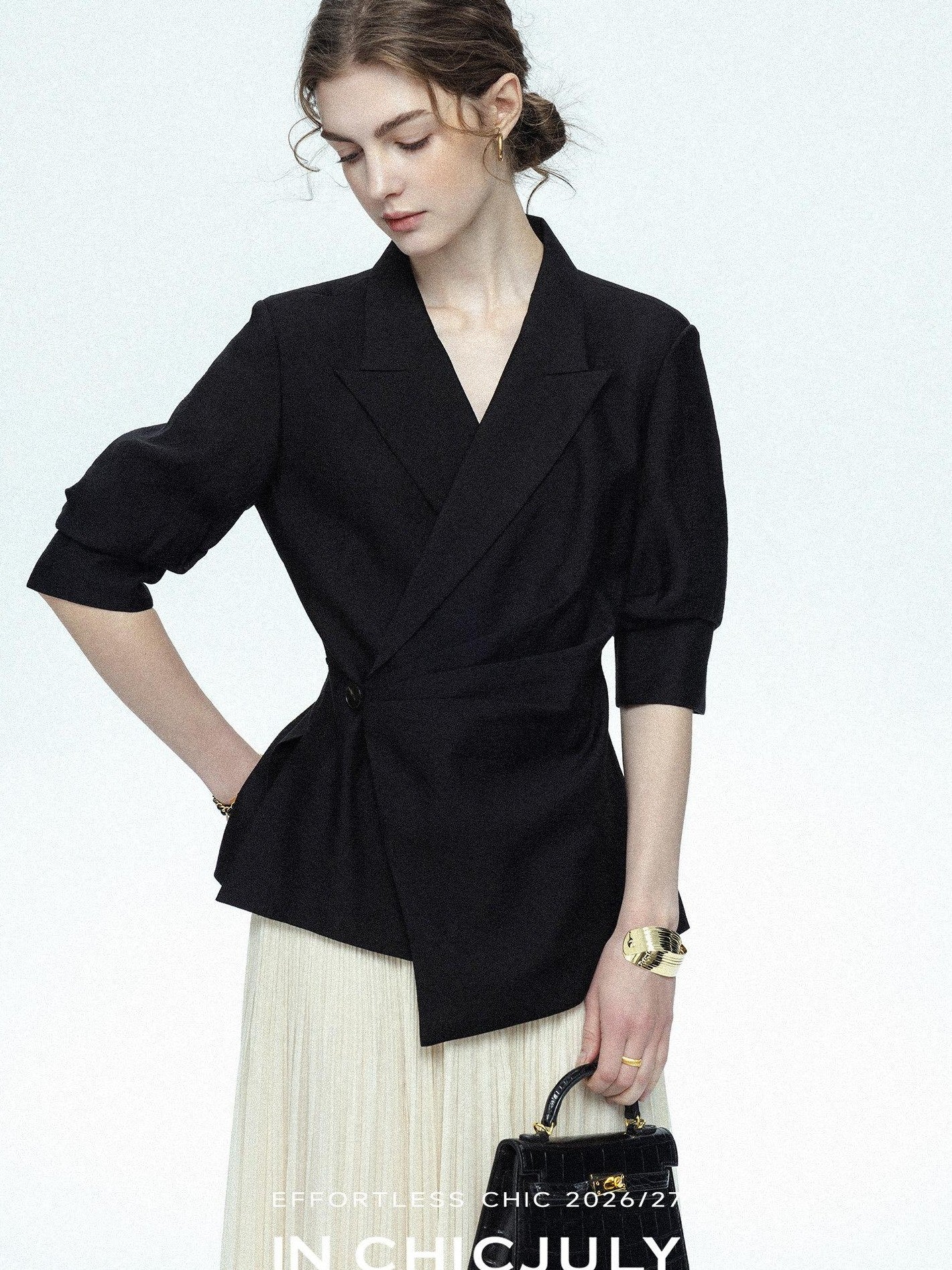 chicjuly Asymmetric Cinched Waist Cropped Women's Blazer Mid Sleeve Black Casual Jackets