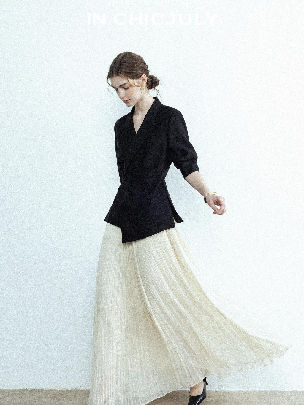 chicjuly Asymmetric Cinched Waist Cropped Women's Blazer Mid Sleeve Black Casual Jackets