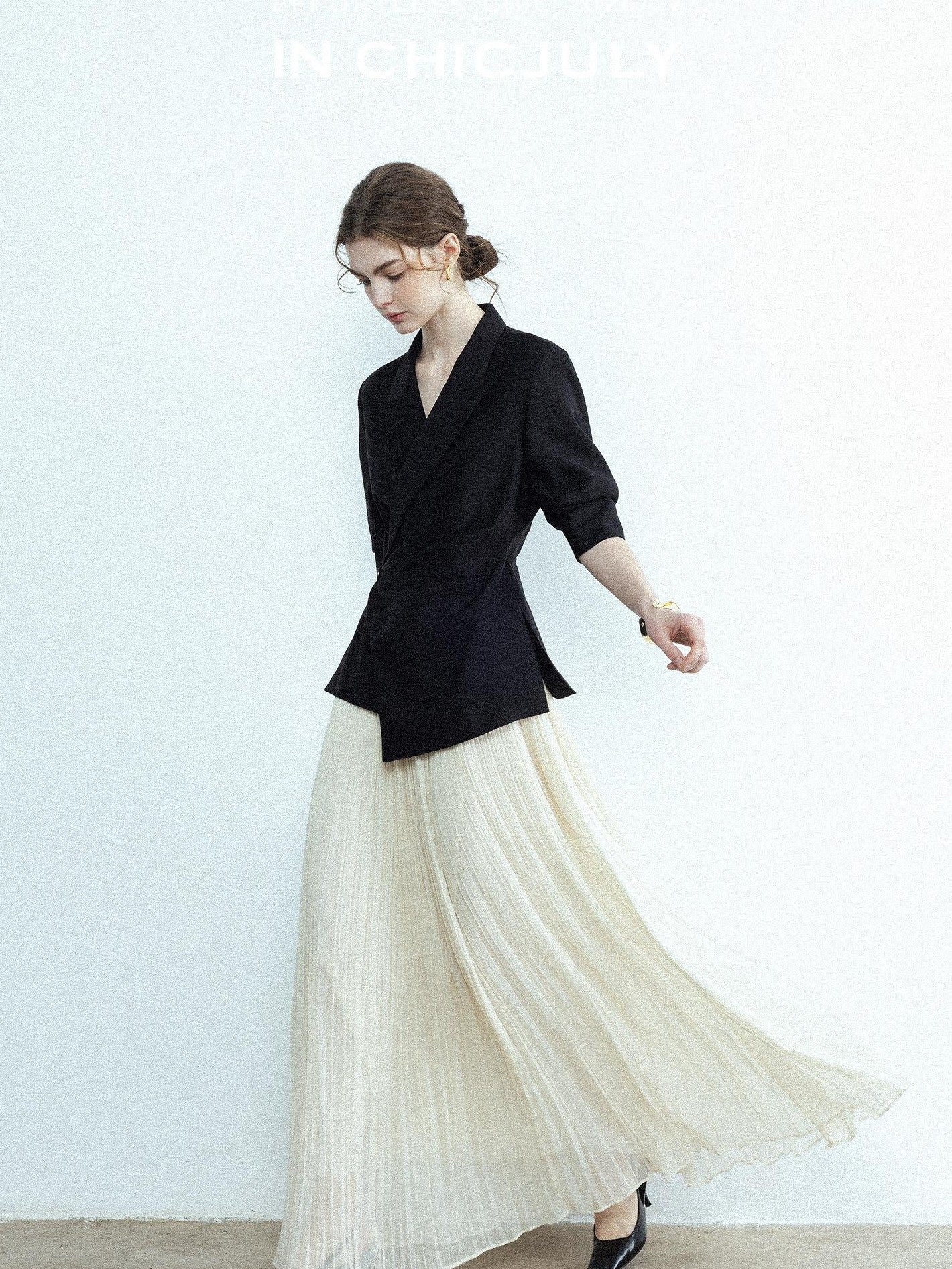 chicjuly Asymmetric Cinched Waist Cropped Women's Blazer Mid Sleeve Black Casual Jackets