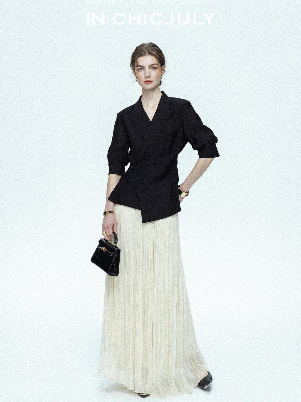 chicjuly Asymmetric Cinched Waist Cropped Women's Blazer Mid Sleeve Black Casual Jackets