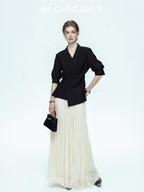 chicjuly Asymmetric Cinched Waist Cropped Women's Blazer Mid Sleeve Black Casual Jackets