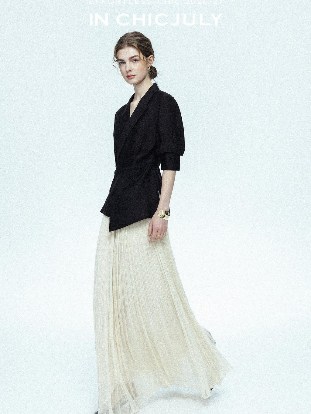chicjuly Asymmetric Cinched Waist Cropped Women's Blazer Mid Sleeve Black Casual Jackets