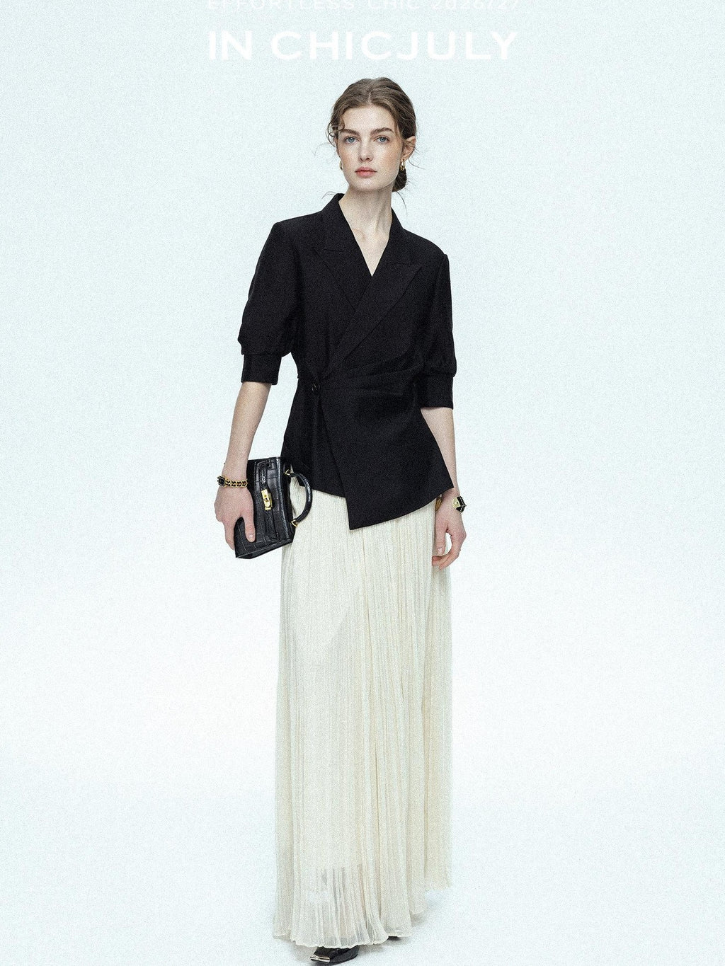 chicjuly Asymmetric Cinched Waist Cropped Women's Blazer Mid Sleeve Black Casual Jackets