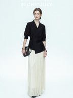 chicjuly Asymmetric Cinched Waist Cropped Women's Blazer Mid Sleeve Black Casual Jackets