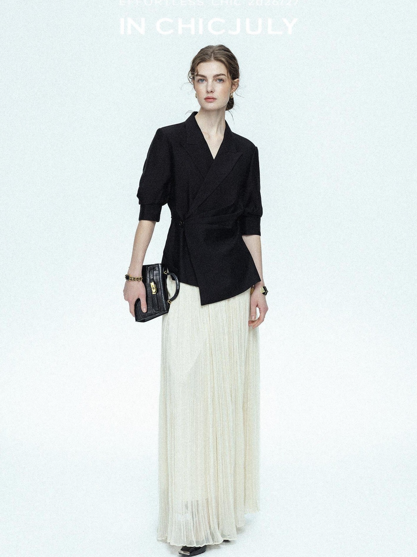chicjuly Asymmetric Cinched Waist Cropped Women's Blazer Mid Sleeve Black Casual Jackets