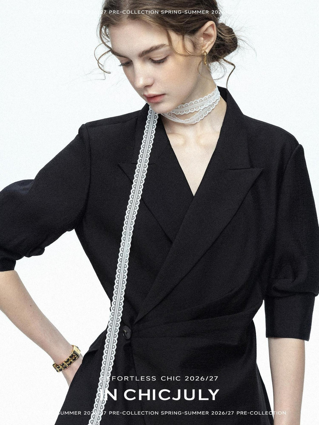 chicjuly Asymmetric Cinched Waist Cropped Women's Blazer Mid Sleeve Black Casual Jackets