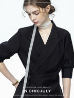 chicjuly Asymmetric Cinched Waist Cropped Women's Blazer Mid Sleeve Black Casual Jackets