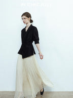 chicjuly Asymmetric Cinched Waist Cropped Women's Blazer Mid Sleeve Black Casual Jackets