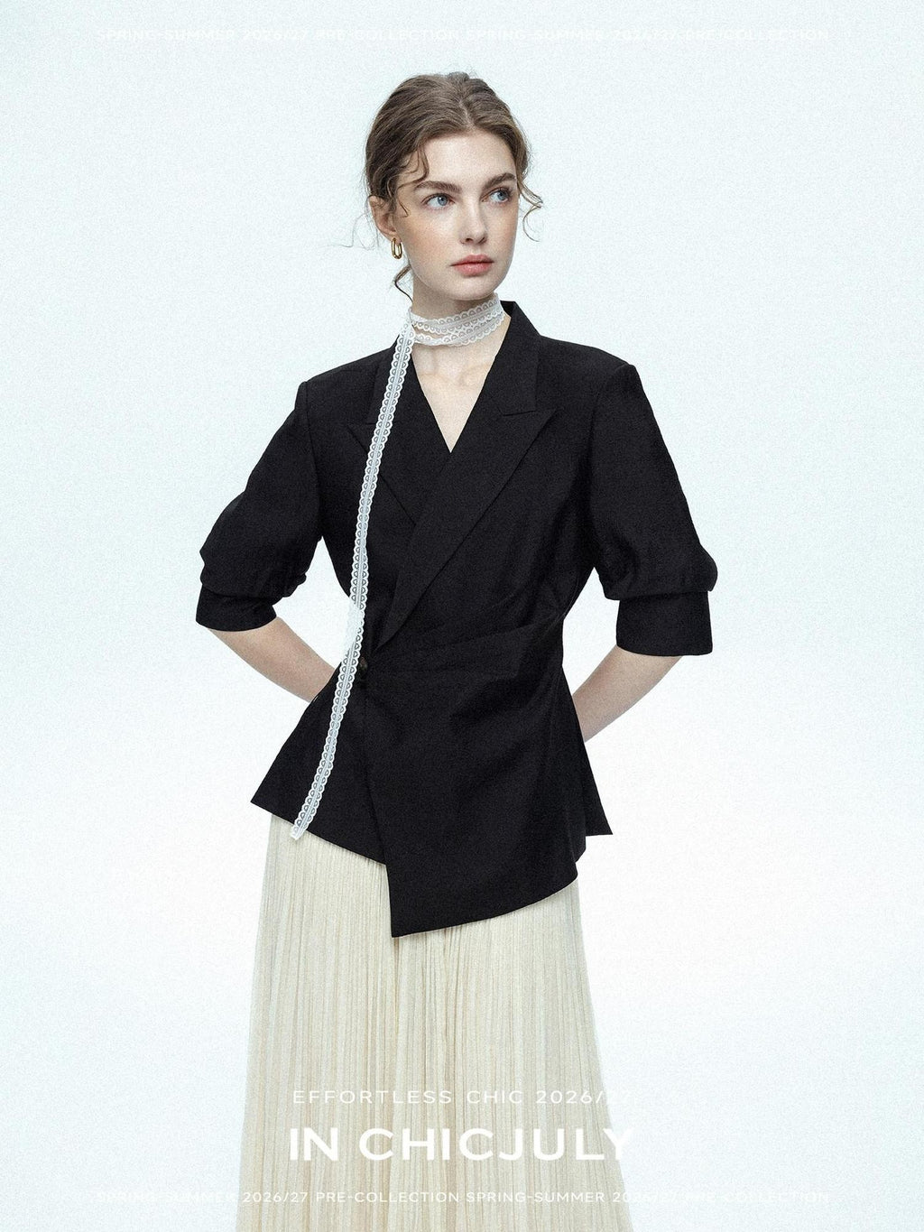 chicjuly Asymmetric Cinched Waist Cropped Women's Blazer Mid Sleeve Black Casual Jackets