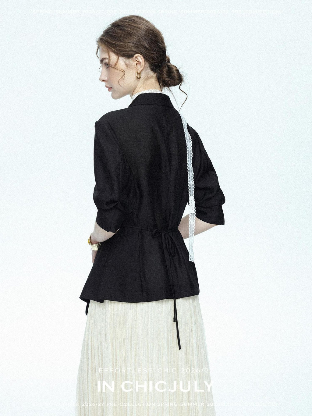 chicjuly Asymmetric Cinched Waist Cropped Women's Blazer Mid Sleeve Black Casual Jackets