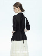 chicjuly Asymmetric Cinched Waist Cropped Women's Blazer Mid Sleeve Black Casual Jackets