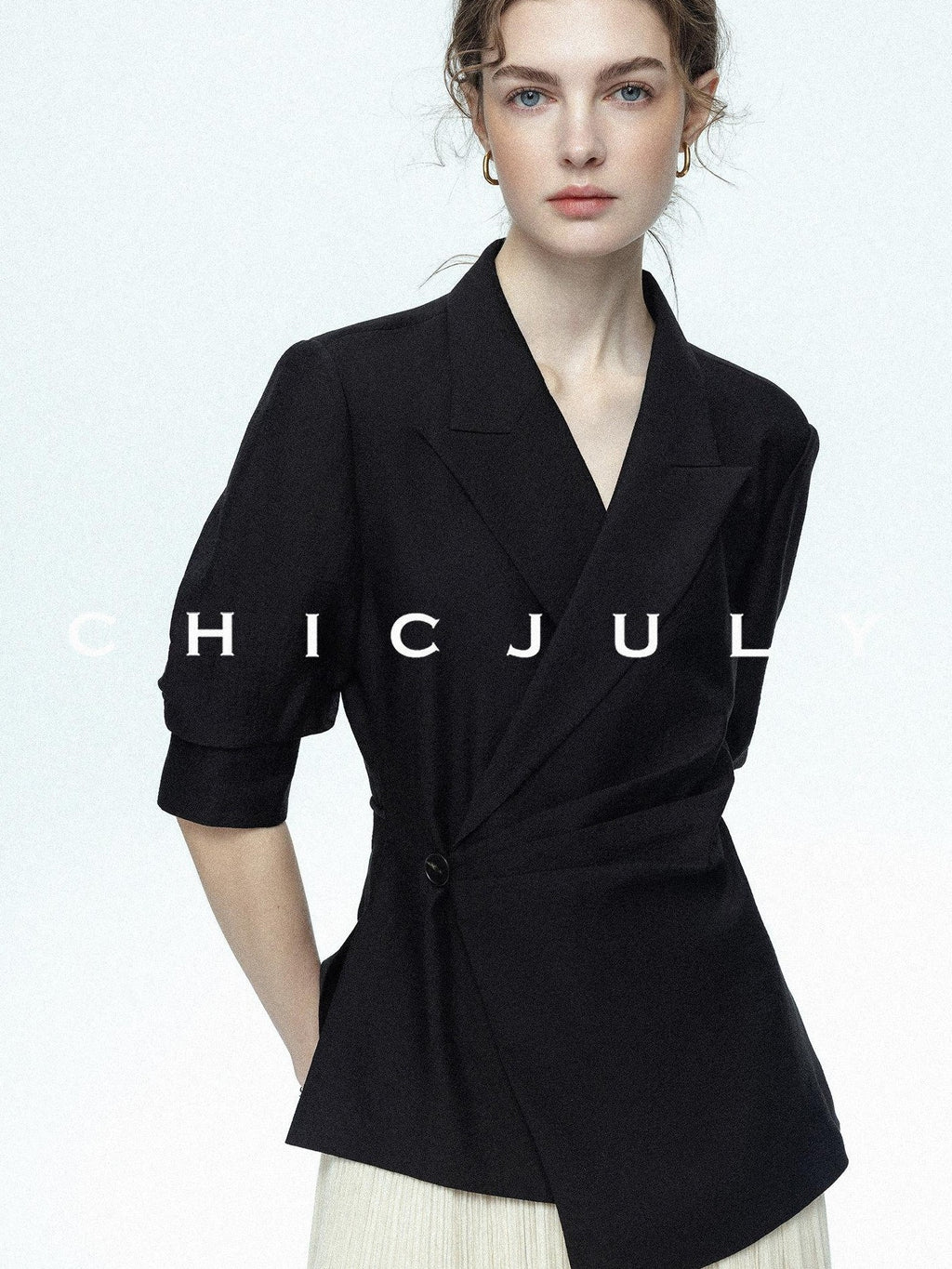 chicjuly Asymmetric Cinched Waist Cropped Women's Blazer Mid Sleeve Black Casual Jackets