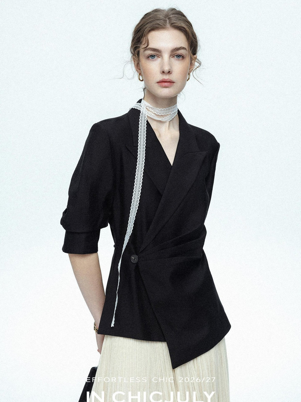 chicjuly Asymmetric Cinched Waist Cropped Women's Blazer Mid Sleeve Black Casual Jackets
