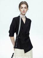 chicjuly Asymmetric Cinched Waist Cropped Women's Blazer Mid Sleeve Black Casual Jackets