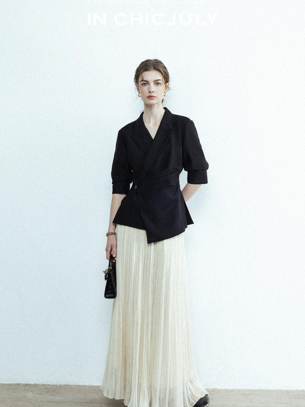chicjuly Asymmetric Cinched Waist Cropped Women's Blazer Mid Sleeve Black Casual Jackets