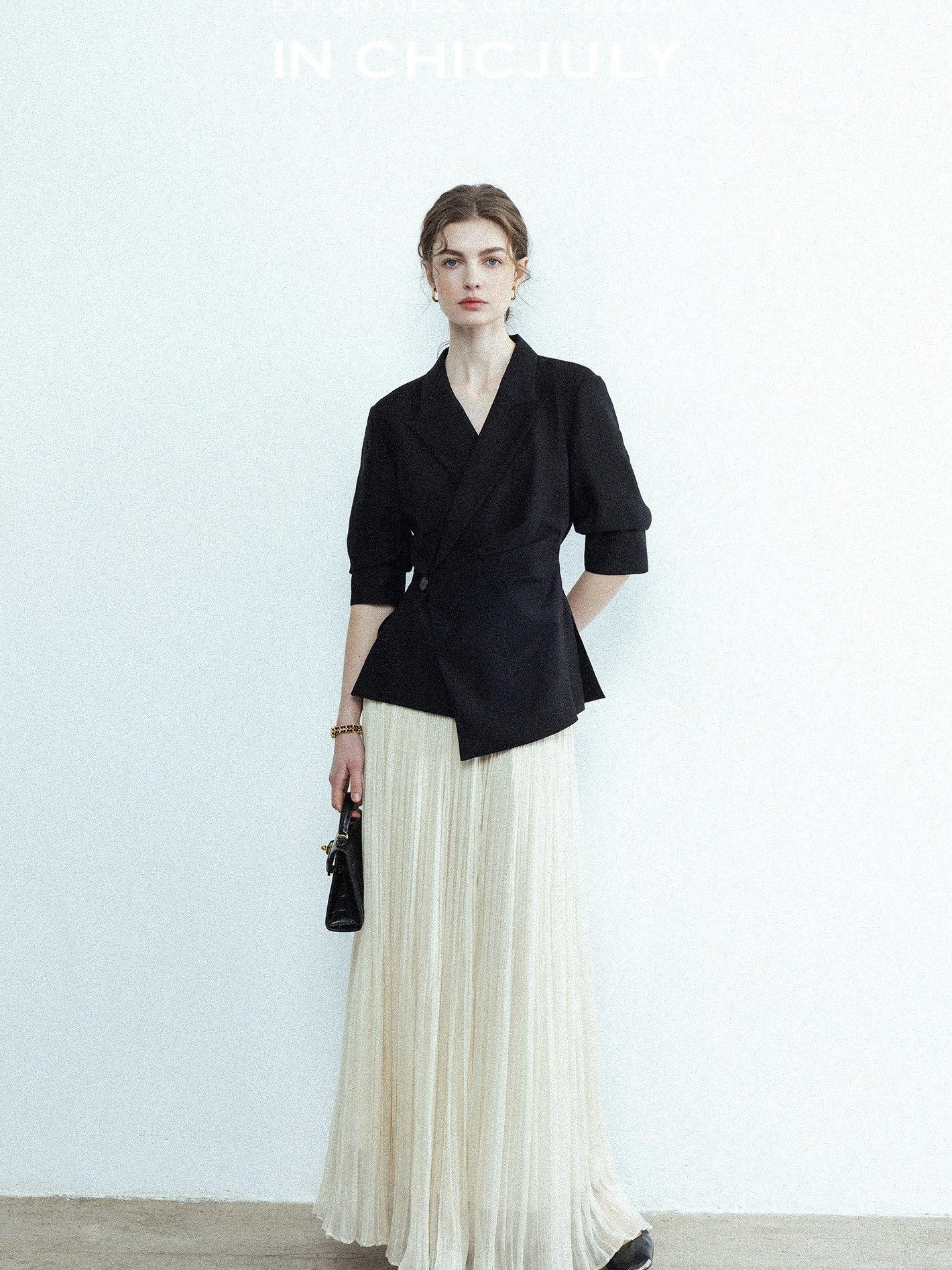 chicjuly Asymmetric Cinched Waist Cropped Women's Blazer Mid Sleeve Black Casual Jackets
