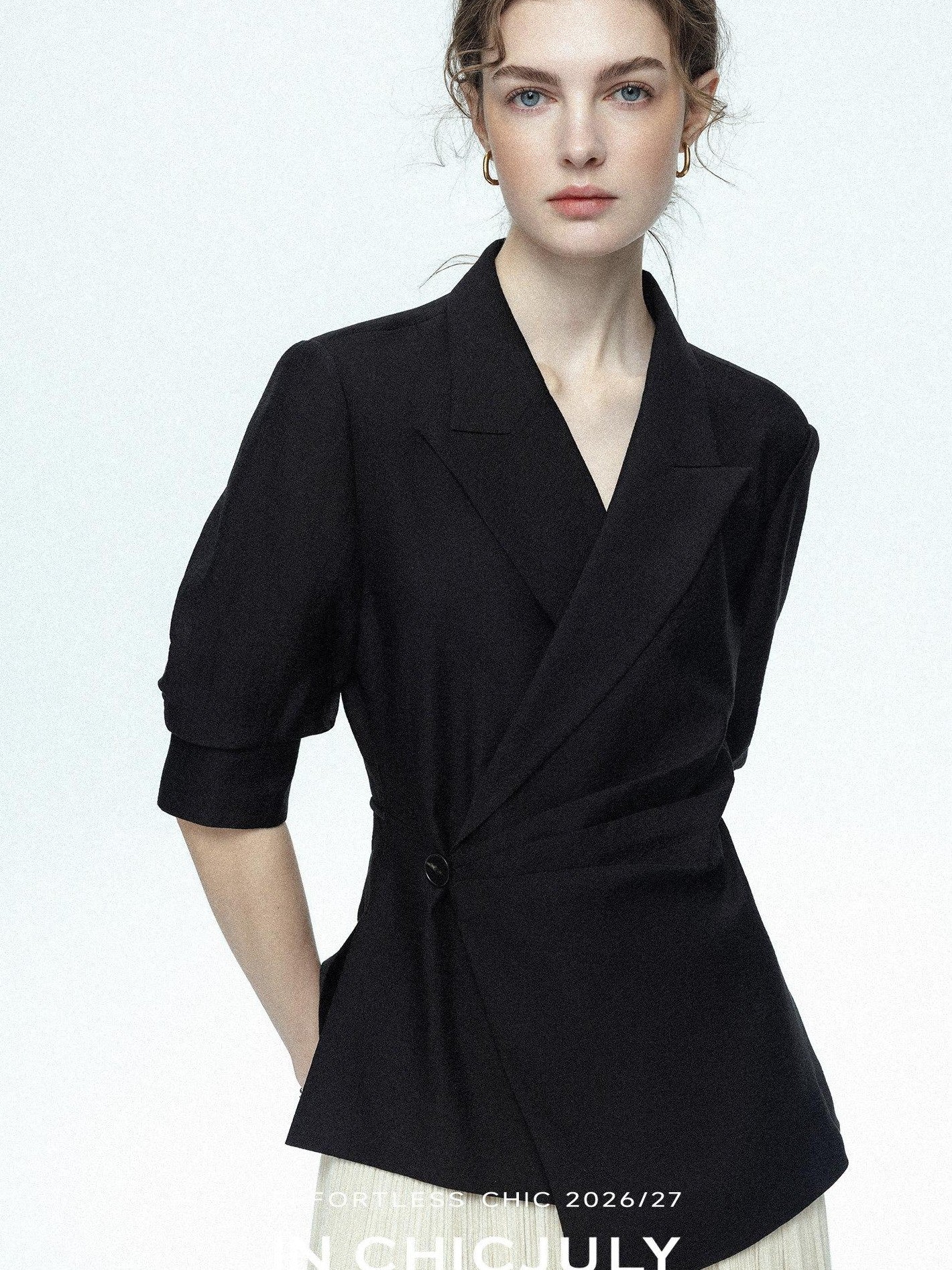 chicjuly Asymmetric Cinched Waist Cropped Women's Blazer Mid Sleeve Black Casual Jackets