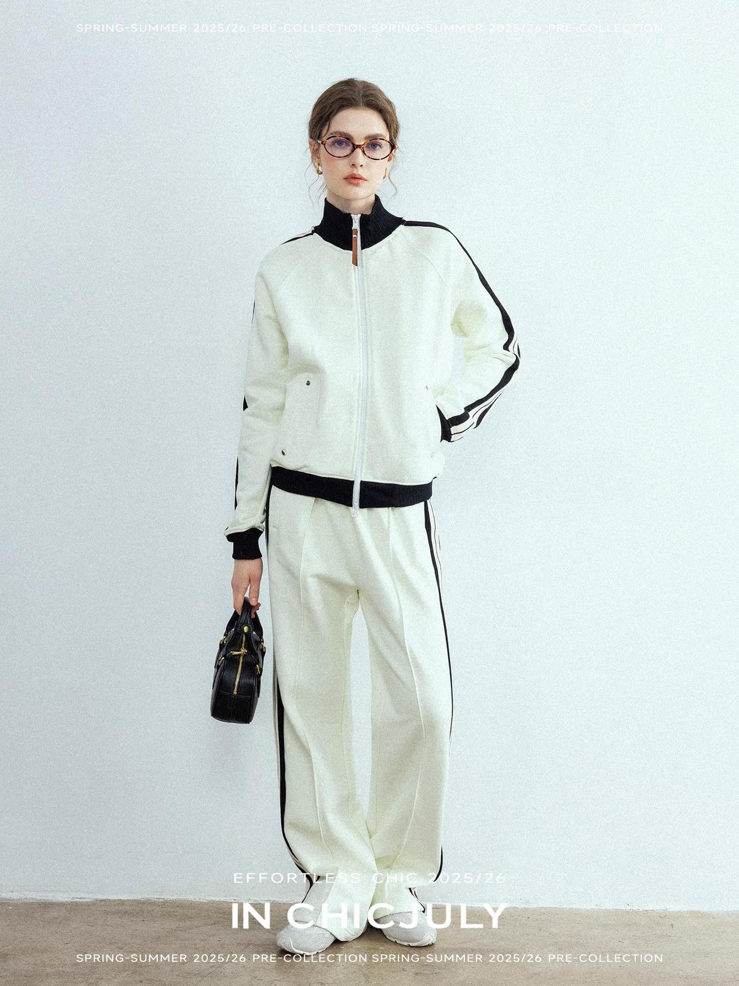 chicjuly Athflow Stand Collar Zip Sweatshirt High Waist Women's Cotton Top & Pants Sets