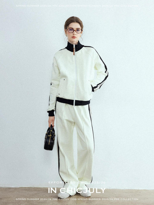chicjuly Athflow Stand Collar Zip Sweatshirt High Waist Women's Cotton Top & Pants Sets