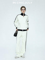 chicjuly Athflow Stand Collar Zip Sweatshirt High Waist Women's Cotton Top & Pants Sets