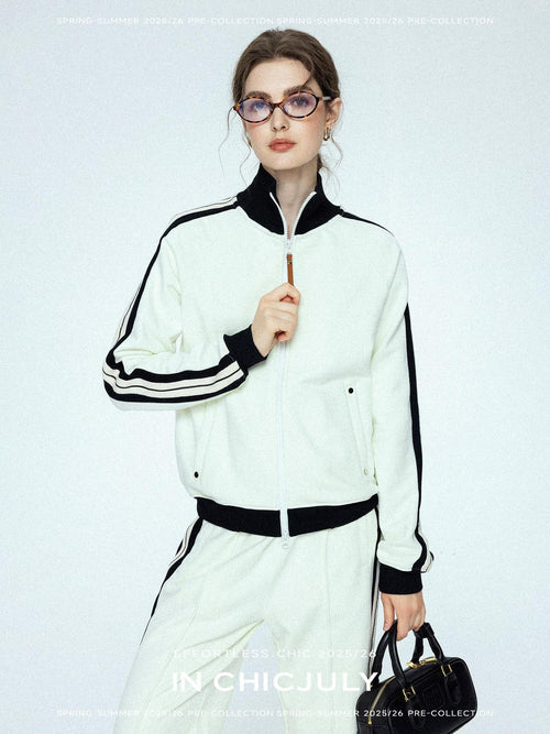 chicjuly Athflow Stand Collar Zip Sweatshirt High Waist Women's Cotton Top & Pants Sets