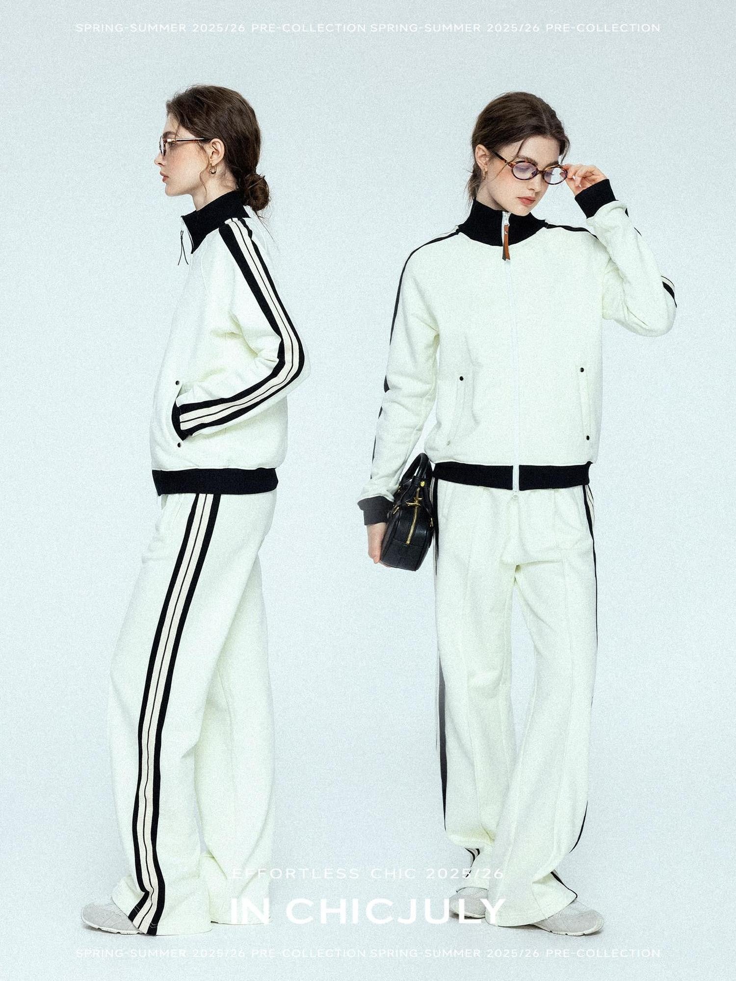 chicjuly Athflow Stand Collar Zip Sweatshirt High Waist Women's Cotton Top & Pants Sets