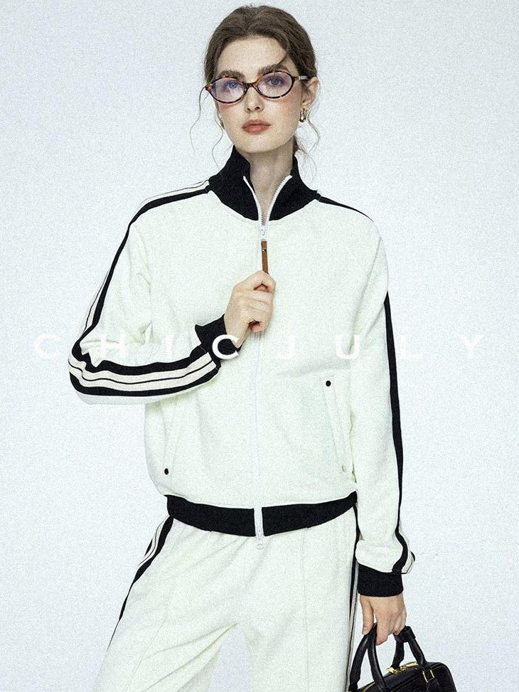 chicjuly Athflow Stand Collar Zip Sweatshirt High Waist Women's Cotton Top & Pants Sets