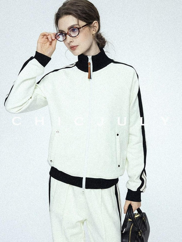 chicjuly Athflow Stand Collar Zip Sweatshirt High Waist Women's Cotton Top & Pants Sets