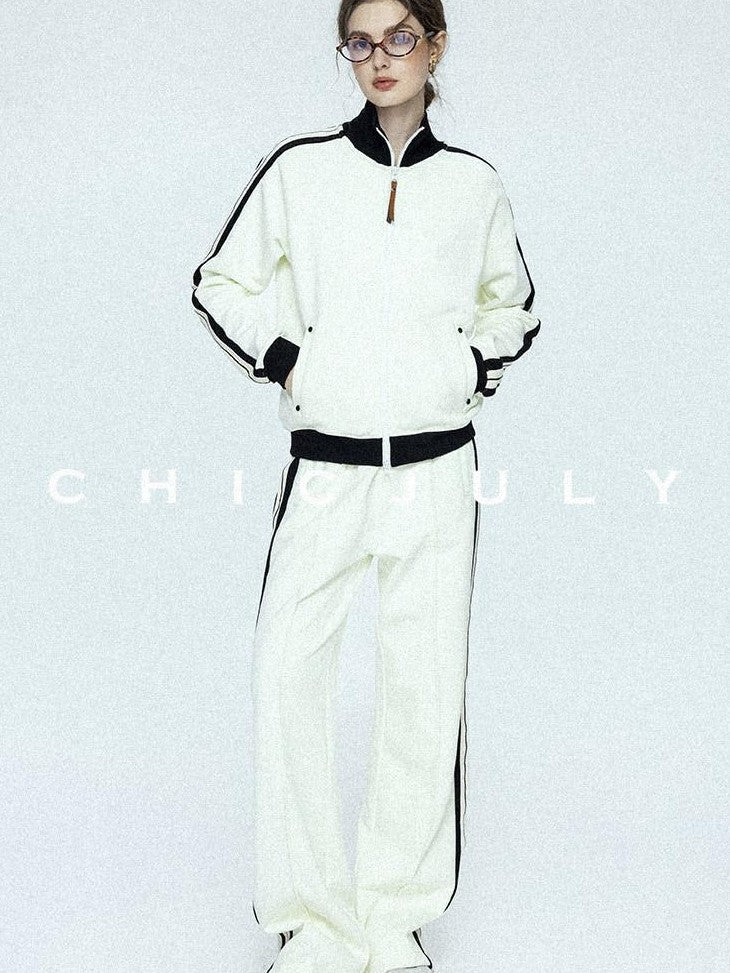 chicjuly Athflow Stand Collar Zip Sweatshirt High Waist Women's Cotton Top & Pants Sets