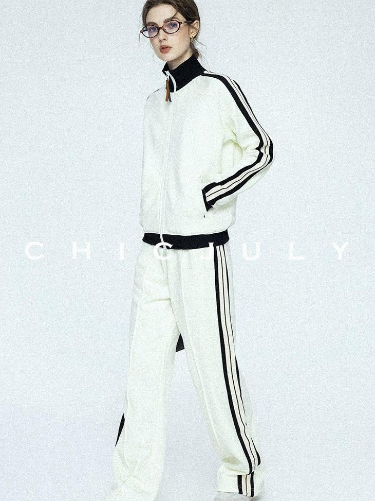 chicjuly Athflow Stand Collar Zip Sweatshirt High Waist Women's Cotton Top & Pants Sets