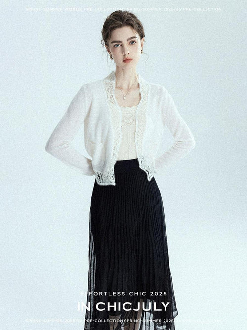 chicjuly Balletcore Water Soluble Lace V-neck Pocket Women's Cashmere Wool Cardigans