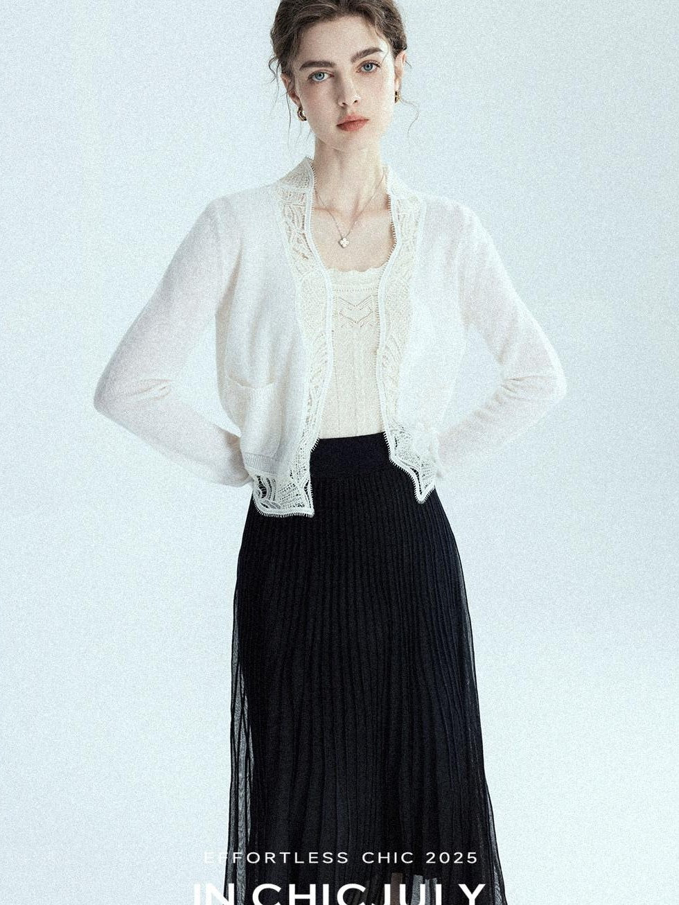 chicjuly Balletcore Water Soluble Lace V-neck Pocket Women's Cashmere Wool Cardigans