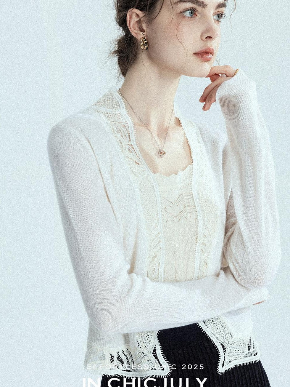 chicjuly Balletcore Water Soluble Lace V-neck Pocket Women's Cashmere Wool Cardigans