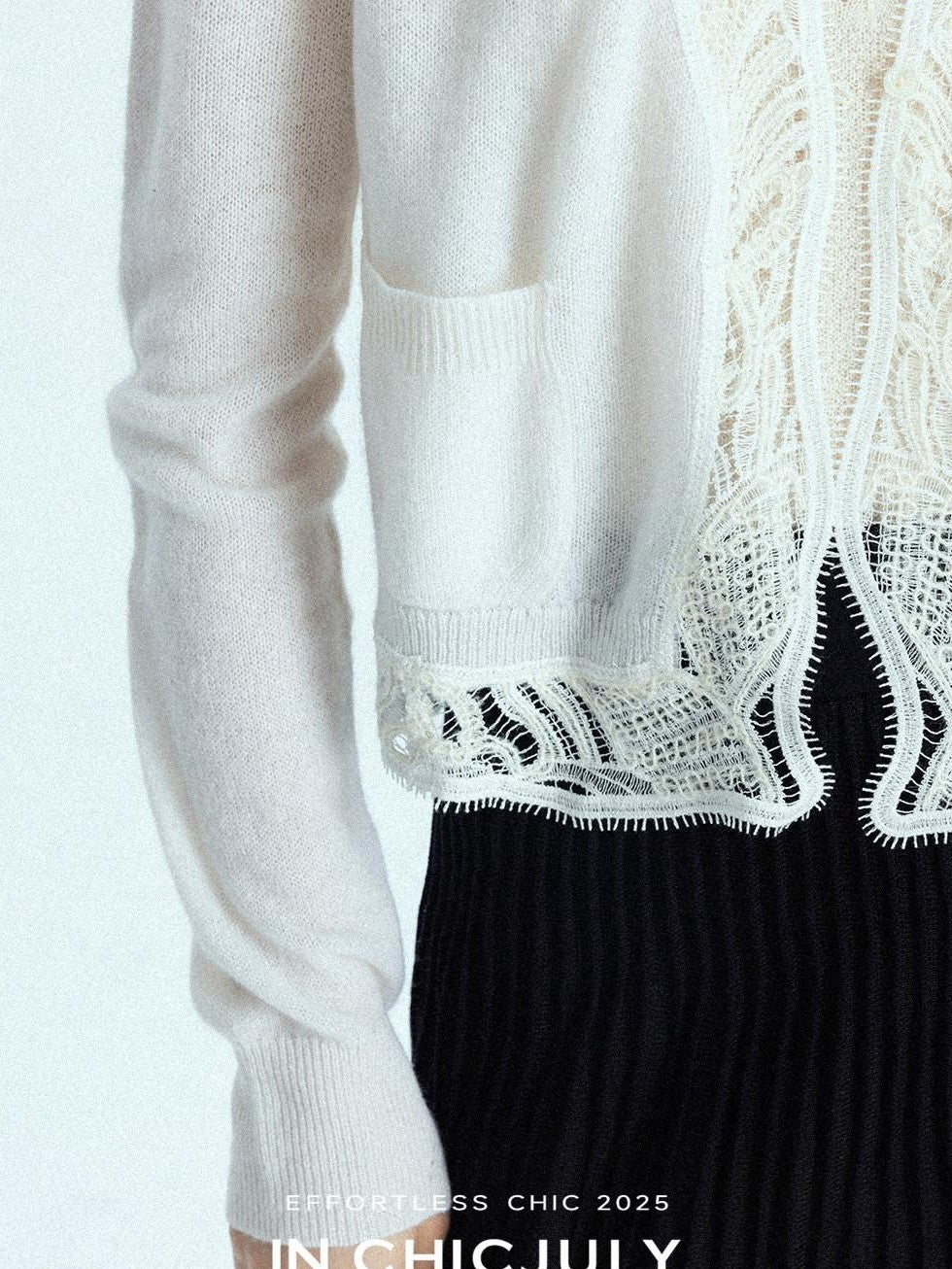 chicjuly Balletcore Water Soluble Lace V-neck Pocket Women's Cashmere Wool Cardigans