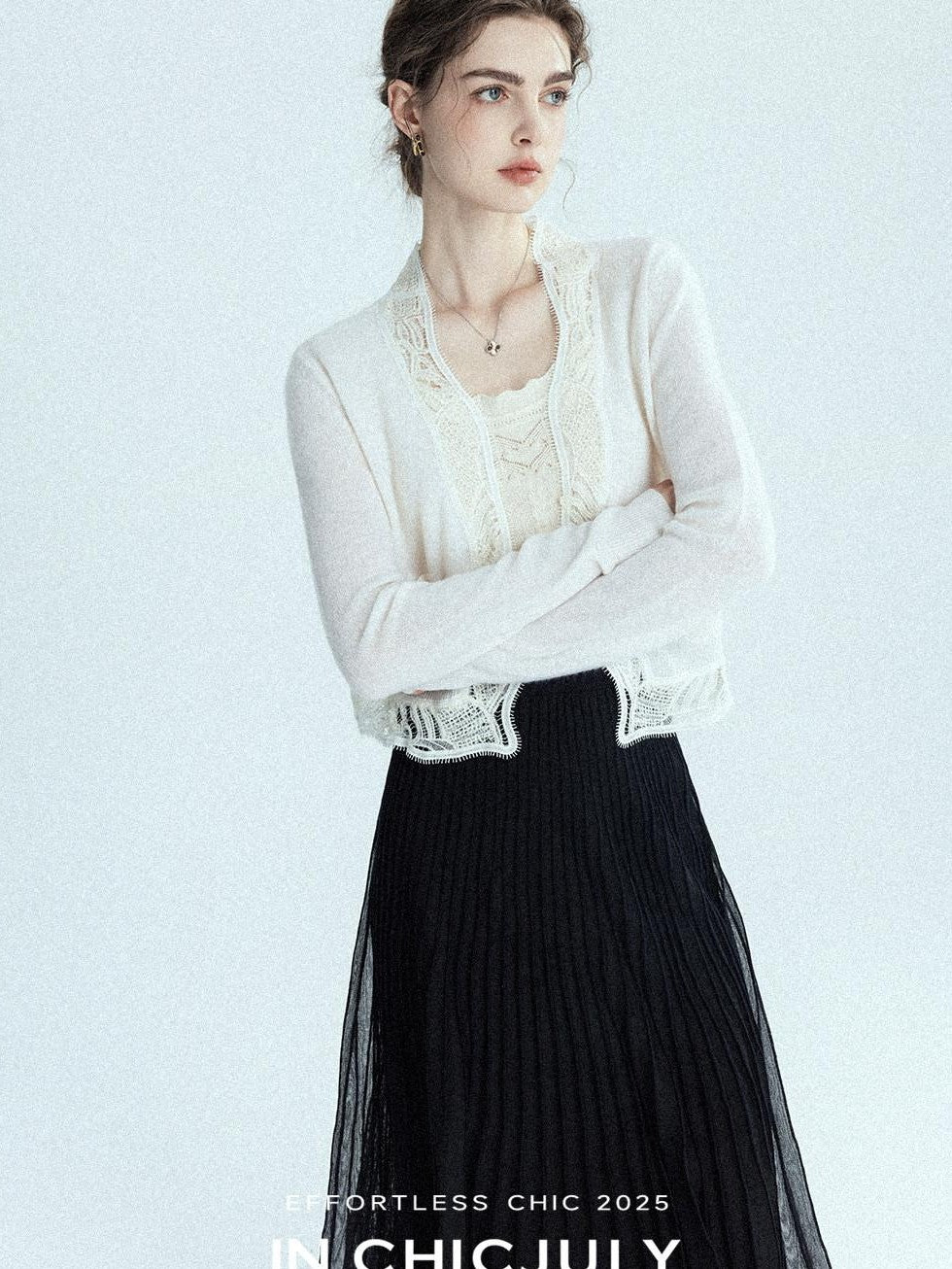chicjuly Balletcore Water Soluble Lace V-neck Pocket Women's Cashmere Wool Cardigans