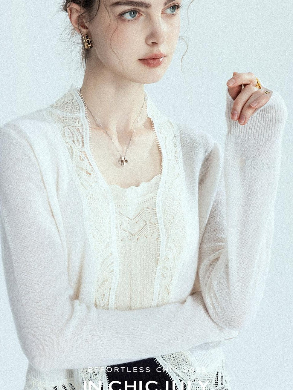 chicjuly Balletcore Water Soluble Lace V-neck Pocket Women's Cashmere Wool Cardigans